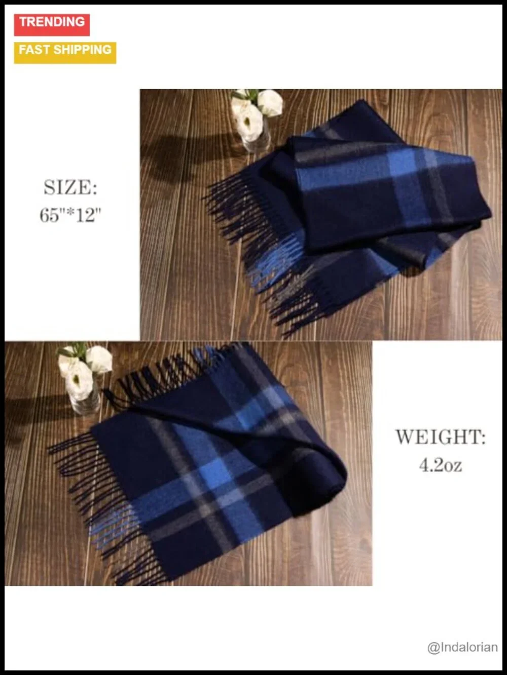 100% Cashmere Plaid Tassel Scarf with Gift Box Packaging